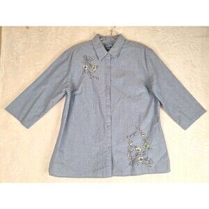 Classic Elements Denim Women's L Blue Embroidered Floral 3/4 Sleeve Button Up
